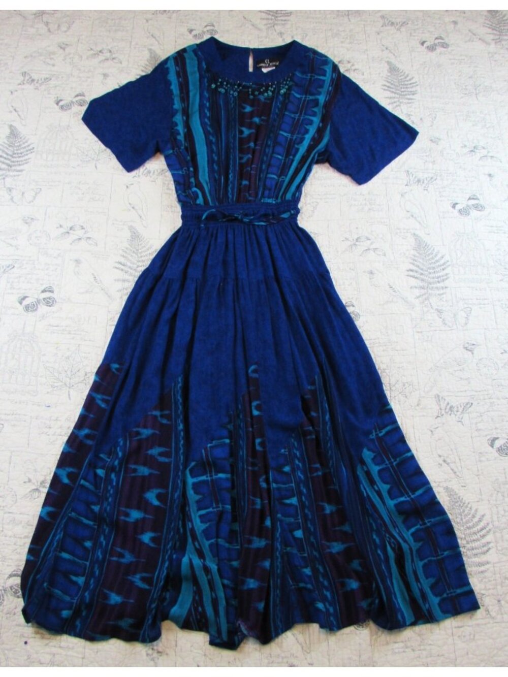 Vtg Carole Little multi fabric midi dress  Blue 90s Artsy Boho Cottagecore sz 16